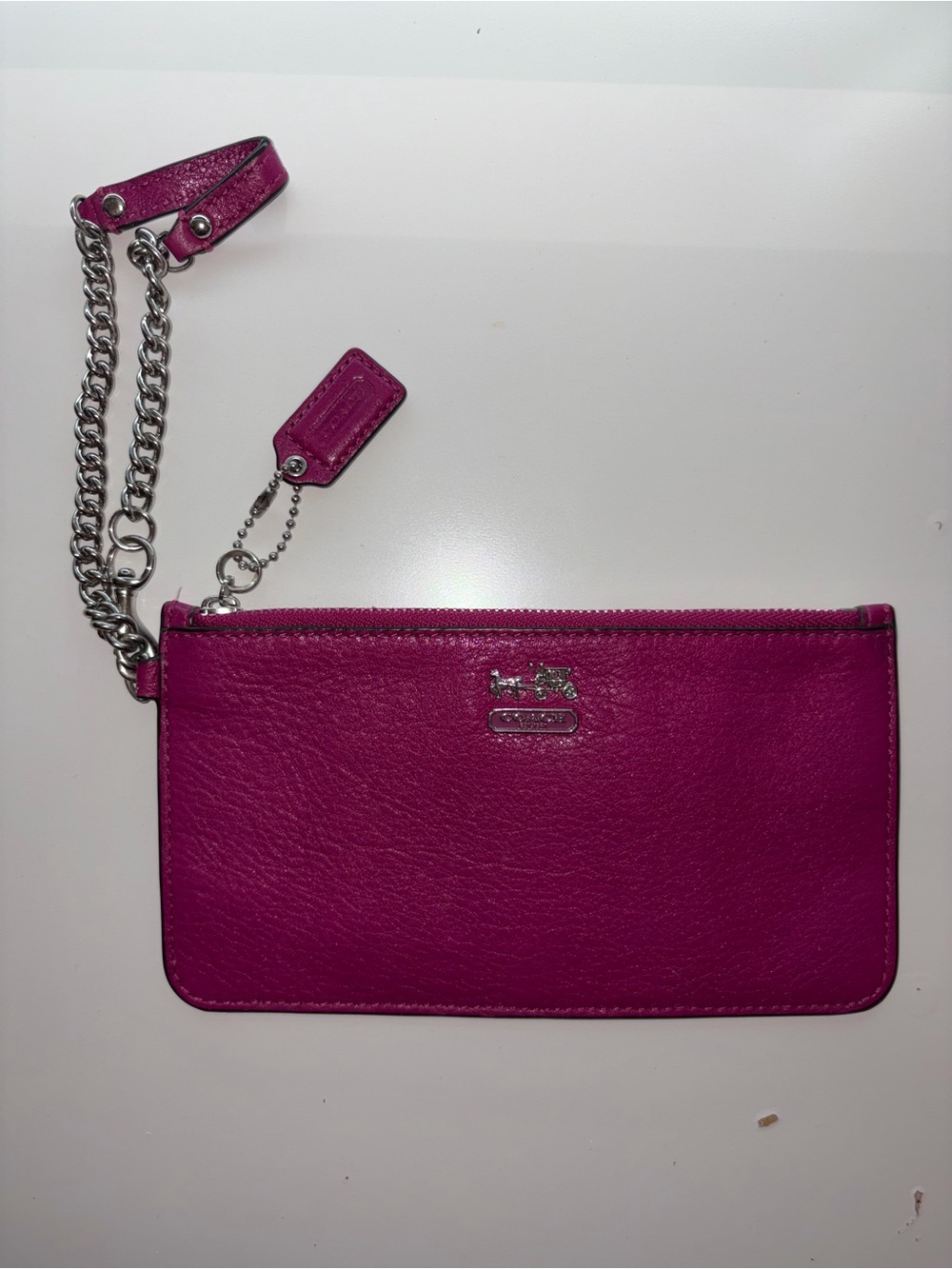 Coach Magenta Leather Wristlet with Silver Chain